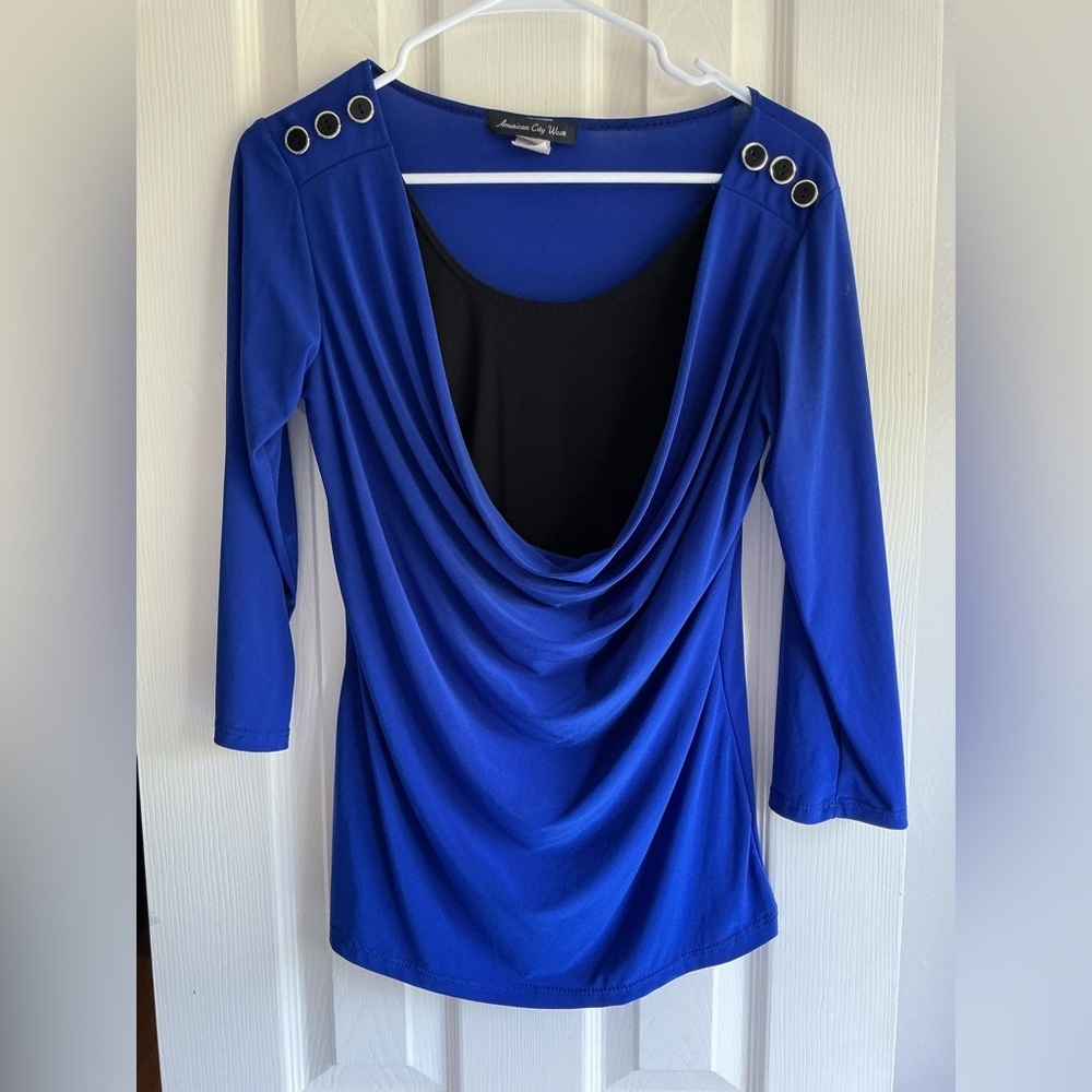 American City Wear Royal Blue Cowl Neck Top with Grommet Accents
